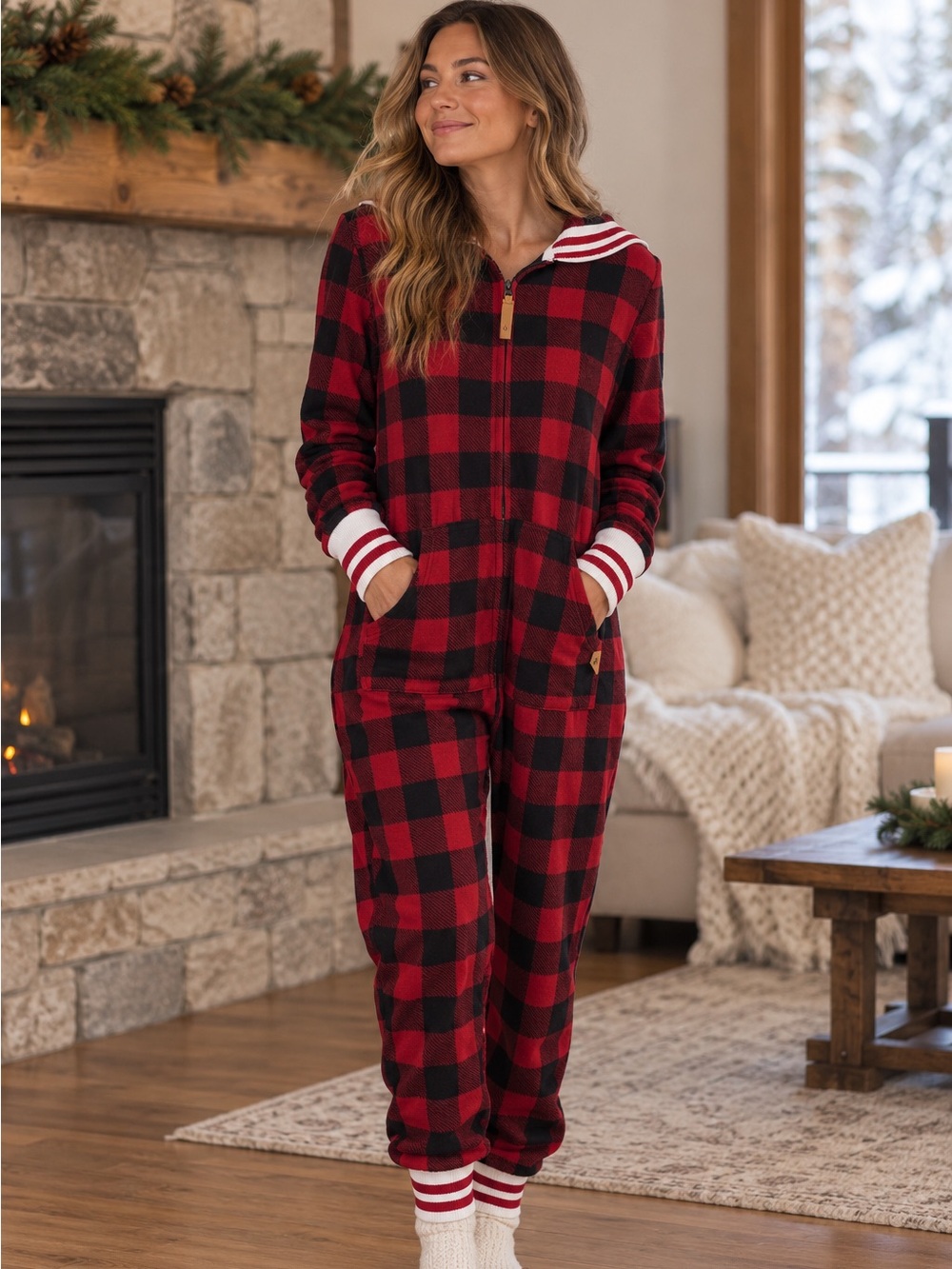 🍁 Canadiana XS Hooded Fleece Onesie Pyjamas – Red & Black Buffalo Plaid